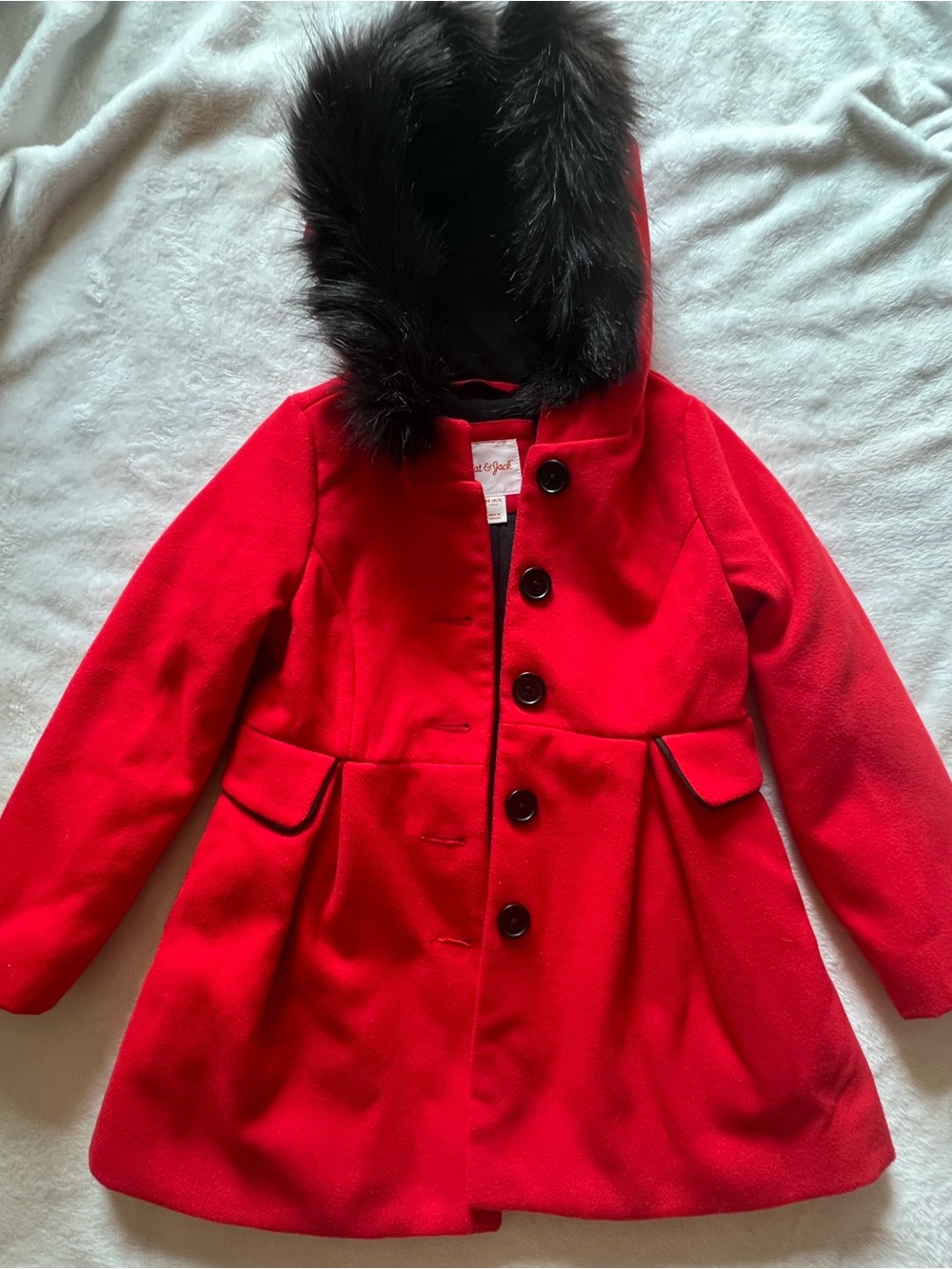 Girls' Red Hooded Pea Coat with Faux Fur Trim